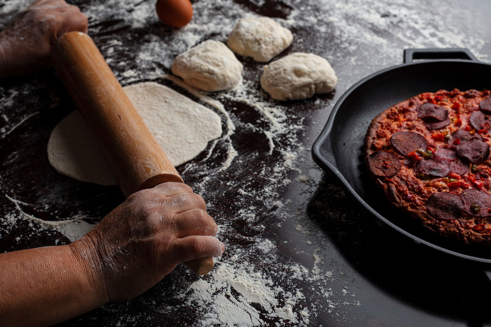 dough pizza making, kneaded pizza dough, sausage pizza making